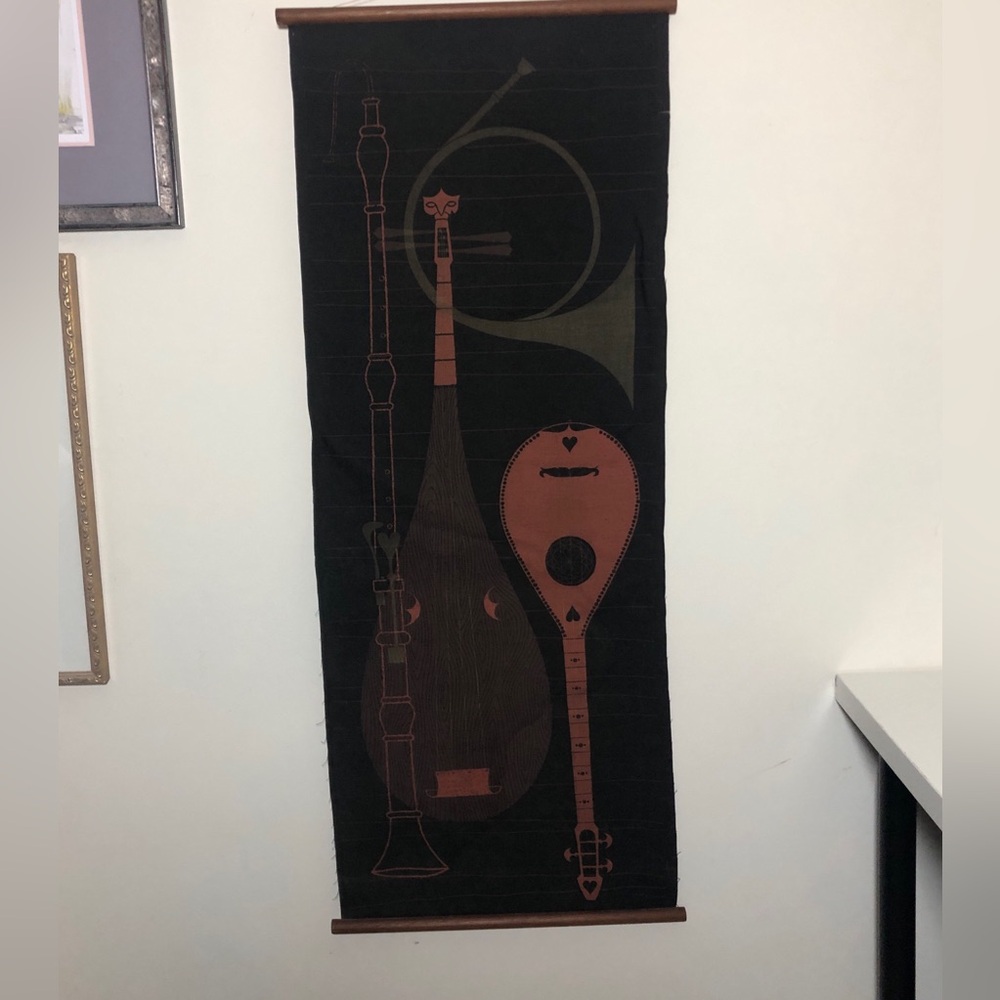 VTG MCM Wall Hanging Mid Century Silk Screen Print Modern Art Musical Instrument